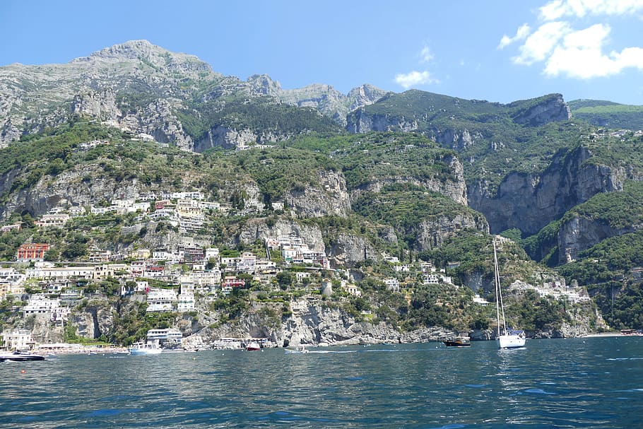 panjang, fotografi pemaparan, putih, beton, desa, gunung, siang hari, amalfi, Italia, pantai amalfi