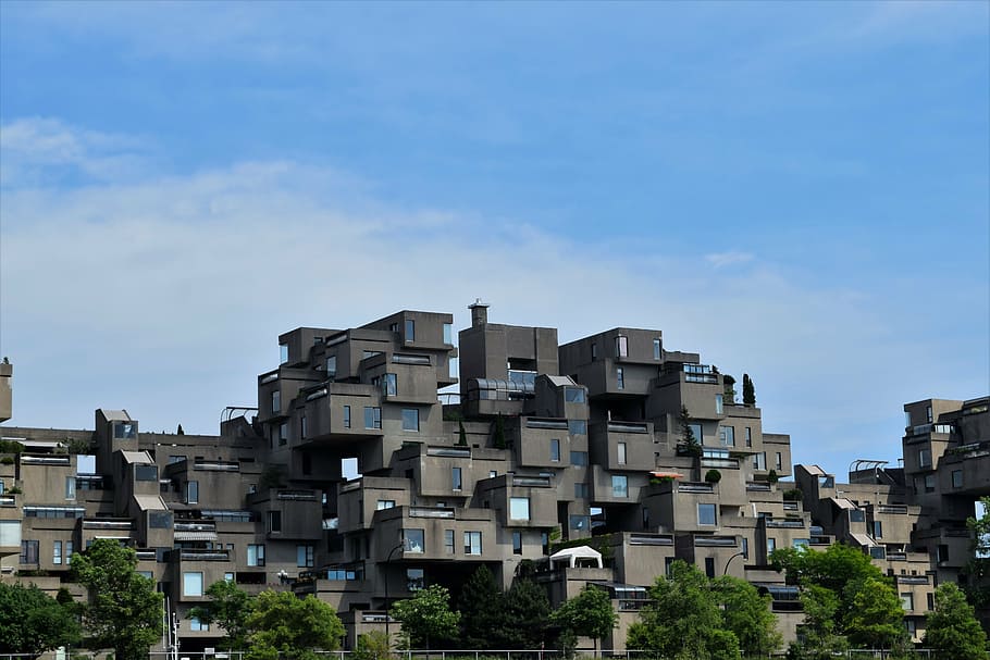 cinza, pintado, construção, azul, céu, habitat 67, habitat, montreal, arquitetura, quebeque