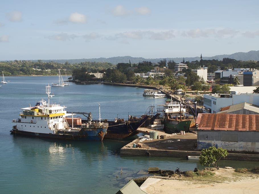 white, ship, front, dock, daytime, Vanuatu, Harbor, Bay, Water, Shoreline