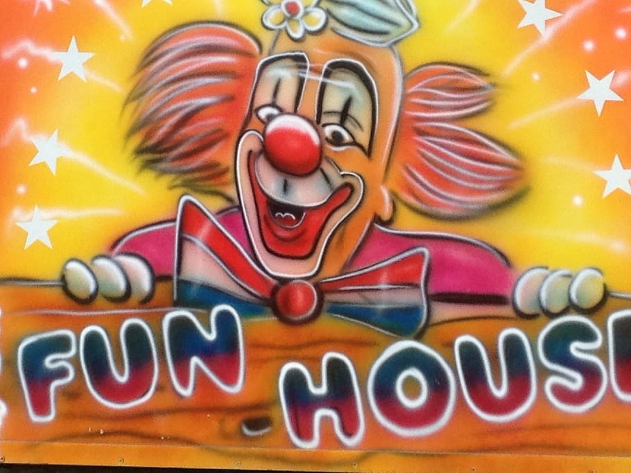 fun house clown poster, fun fair, clown, funfair, fun, fair, carnival, circus, sign, amusement
