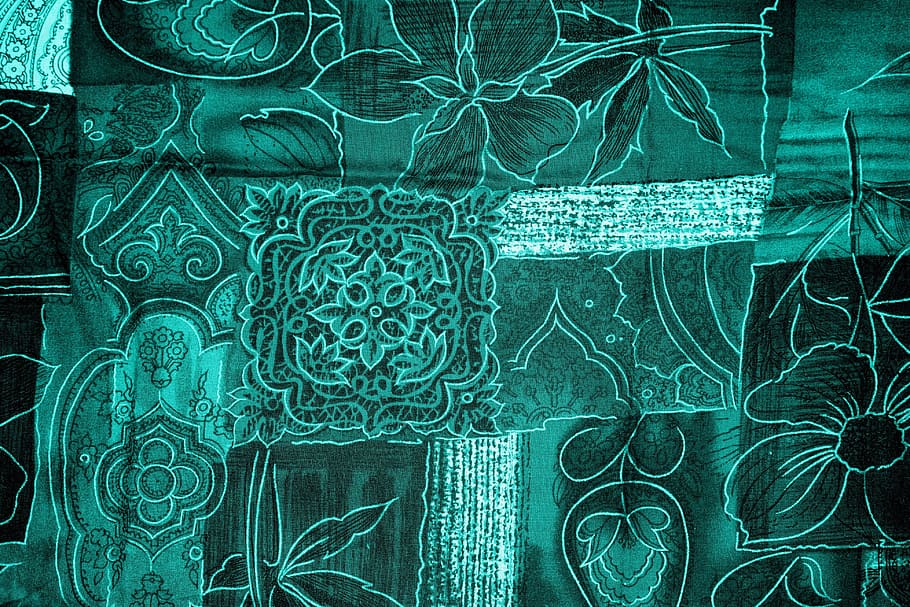Verde, blanco, floral, textil, fondo, mosaico, flores, azul, turquesa, tela
