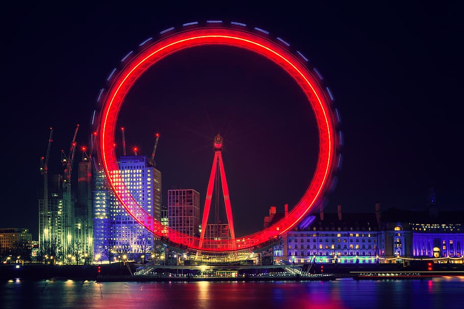london eye, london, night, light, long time exposure, ferris wheel, england, landmark, united kingdom, tourism