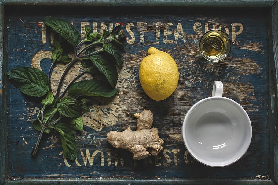 lemon, ginger, gray, wooden, tray, ceramic, mug, shot glass, green leaf, plant