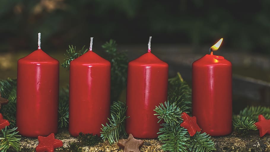advent, 1, advent candles, red, four, candlelight, christmas, christmas time, contemplative, flame