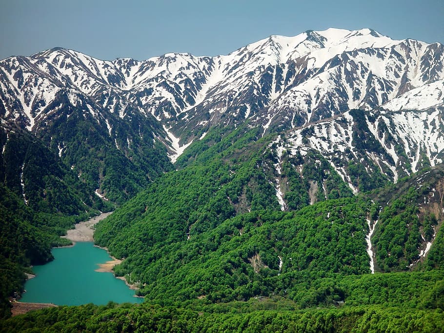 Japan, Mountains, Snow, Forest, Trees, valley, ravine, lake, water, nature
