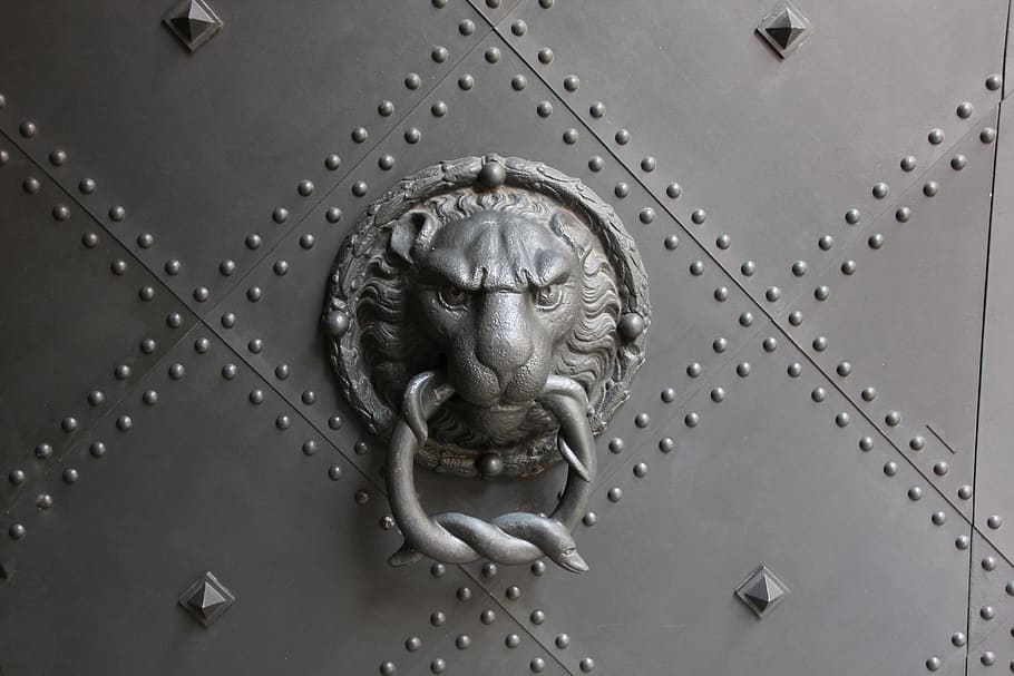 pintu, gebukan, pegangan, tua, gagang pintu, logam, masukan, panggilan tunggu, kepala singa, representasi