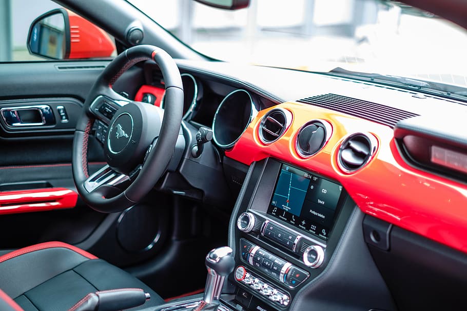 black, red, ford mustang car dashboard, daytime, mustang, gt, usa, car, auto, transport