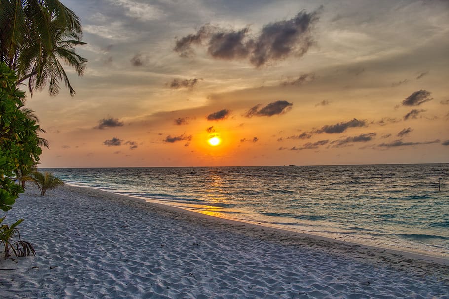 yellow sky, nature, sunrise, sunset, beach, maldives, cloud, sea, sun, orange