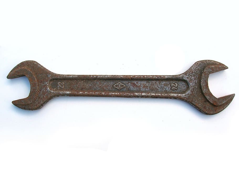 marrom, aberto, chave, ferramenta, velho, garagem, ferrugem, metal, construção, ferramenta de metal