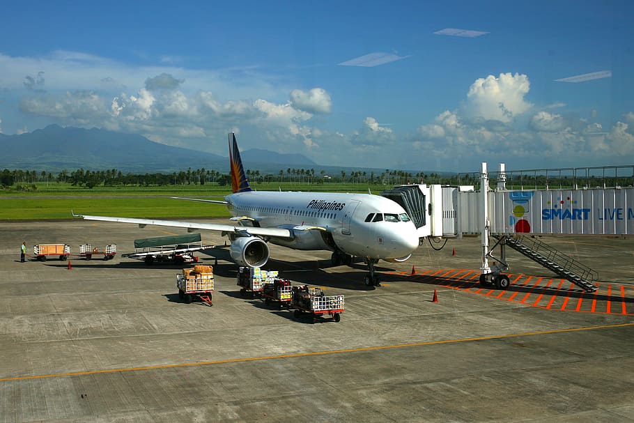 blanco, avión, campo, nubes, filipinas, aeropuerto, jet, airbus, 300, transporte