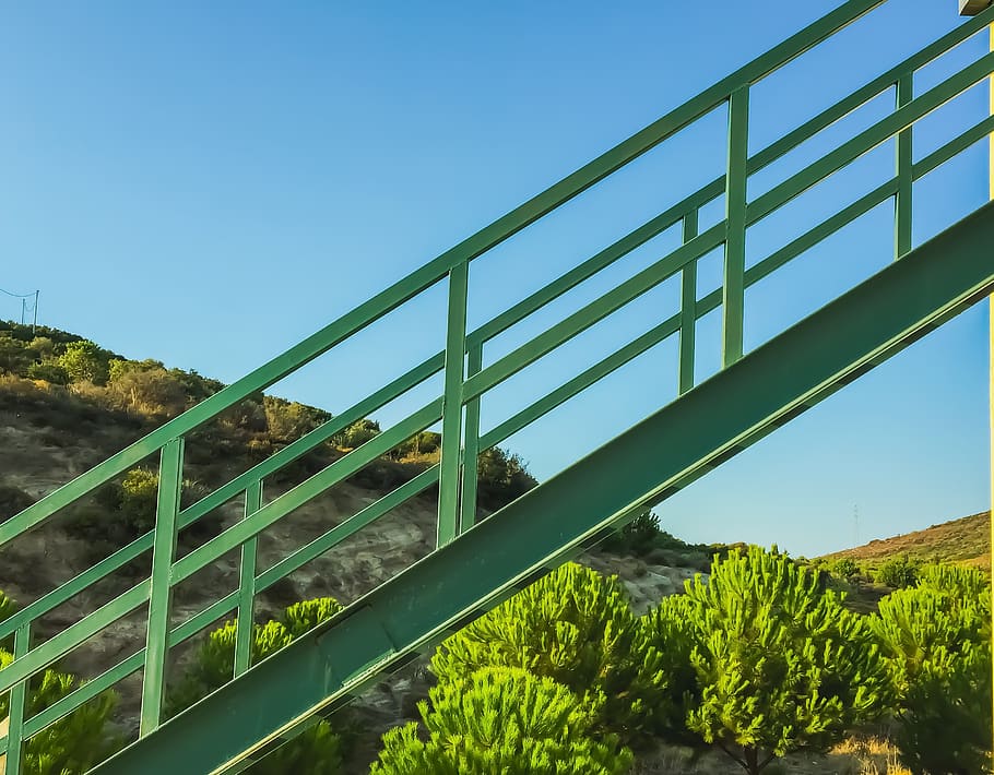 green, nature, stairs, mountain, trees, clear, sky, outdoorsy, outdoors, tranquil scene