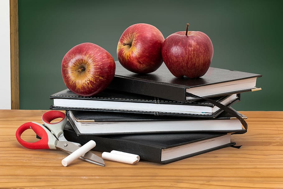 ripe, apples, notebook pile, school, books, blackboard, green board, education, learn, knowledge