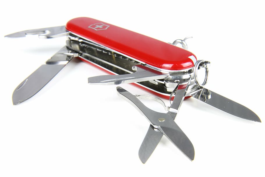 rojo, plata alicates suizos de múltiples herramientas, ejército, cuchilla, compacto, corte, equipo, aislado, cuchillo, metal
