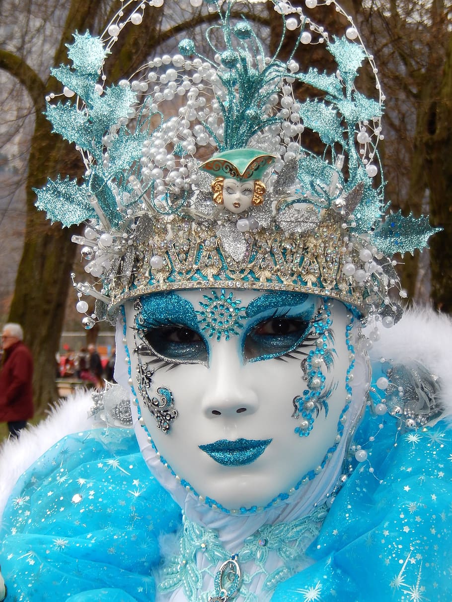 orang, mengenakan, putih, biru, Karnaval, Annecy, Topeng, Menyamar, annecy karnaval, Venesia - Italia
