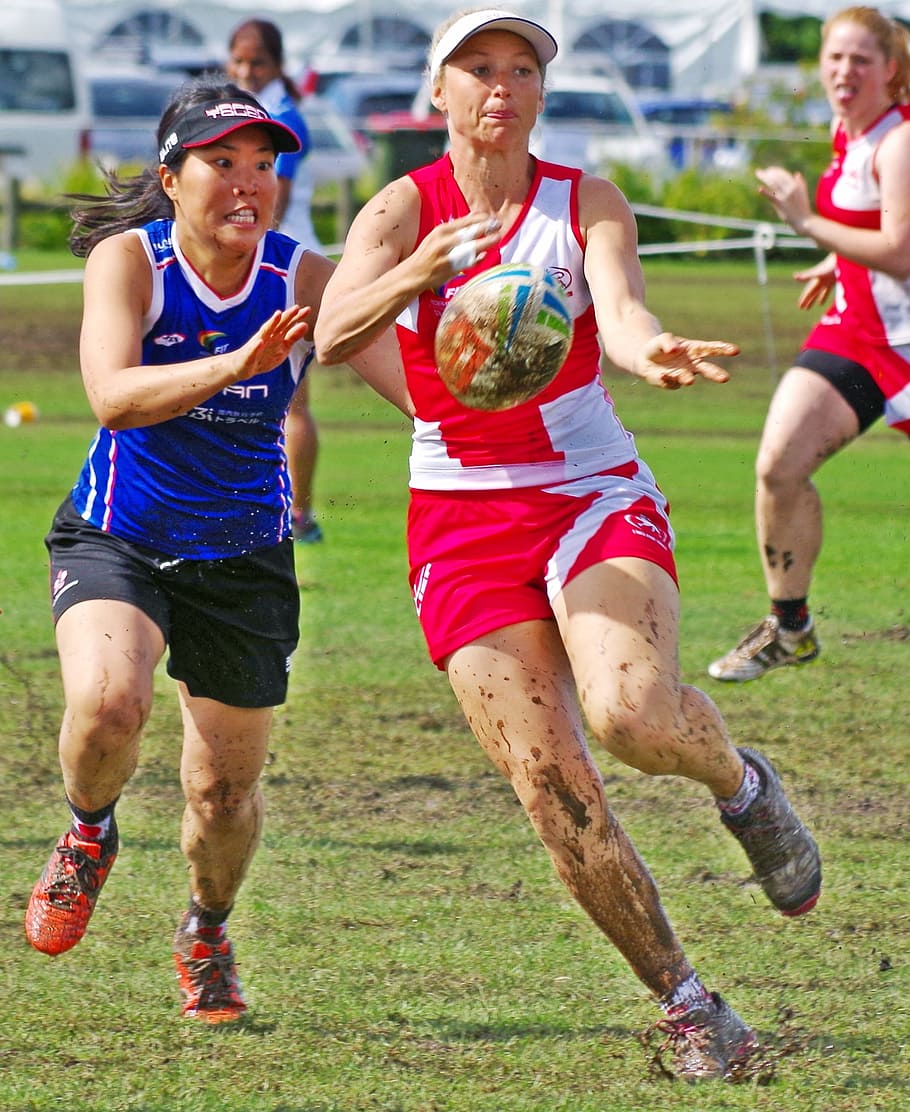 two, running, grass field, Women, Tag Rugby, rugby, tag, women rugby, world cup 2015, england