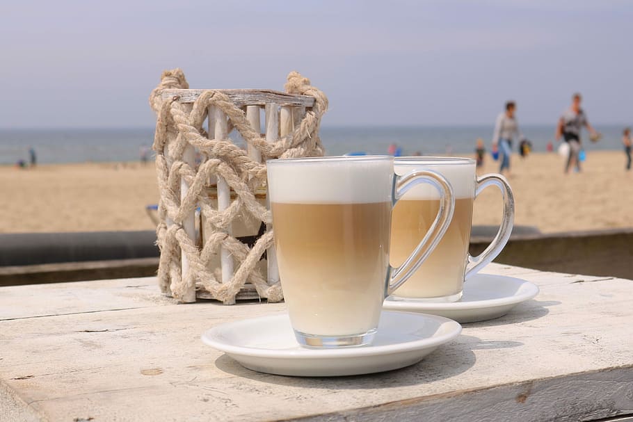 copo, preenchido, cappuccino, café, verão, feriados, aproveite, beneficiar de, beber, sol