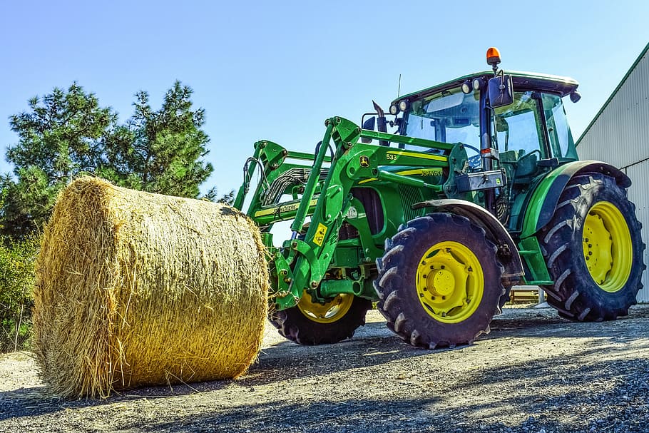 John Deere tractor, tractor, heno, fardos, agricultura, granja, país, agrícola, campo, luz solar