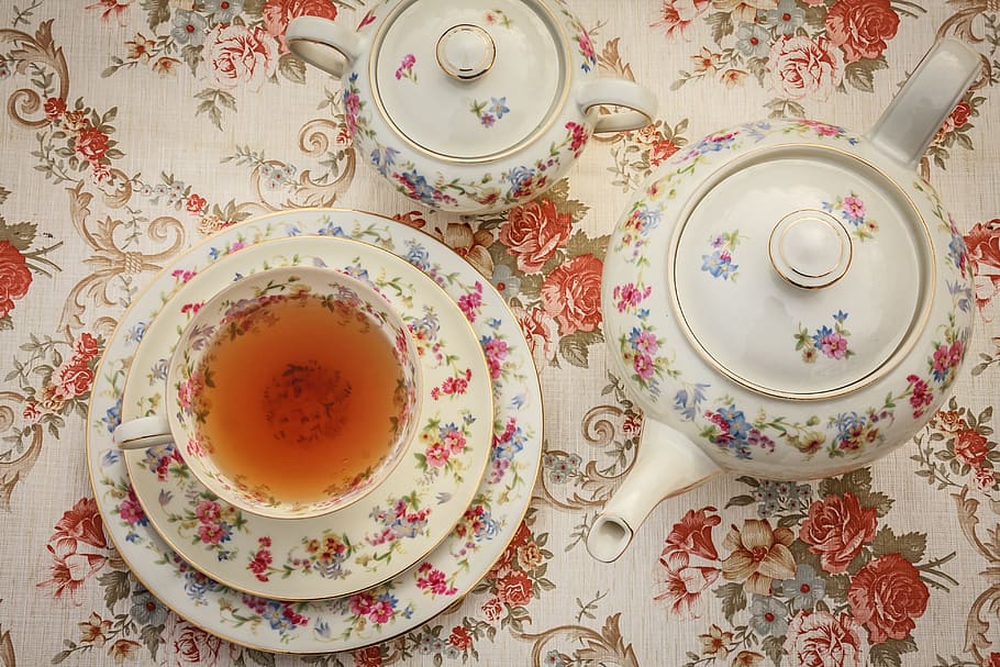 white, multicolored, floral, ceramic, tea, set, tea time, from above, cup, drink