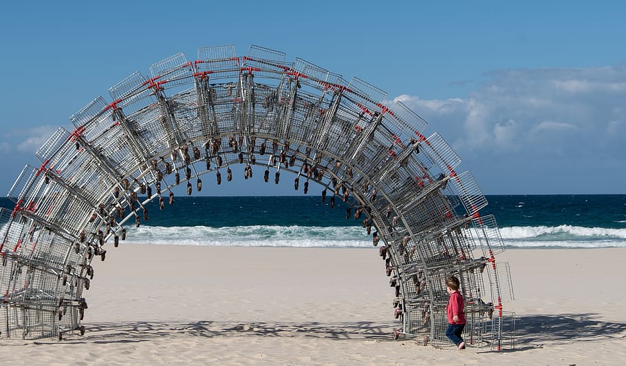 arch, sculpture, shopping trolleys, carts, art, metal, steel, contemporary, modern, beach