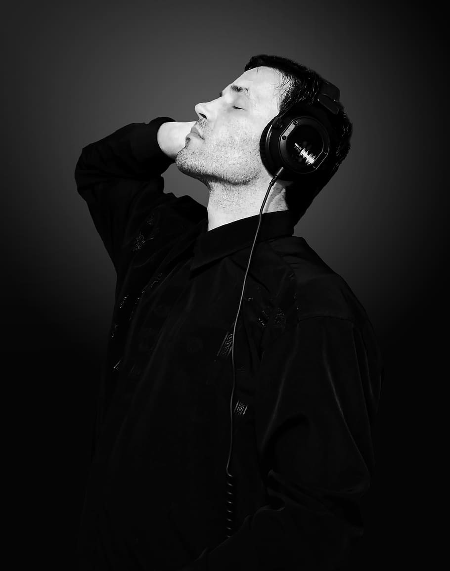grayscale photo, man, wearing, dress shirt, corded, Music, Hifi, Headphones, Sound, Audio