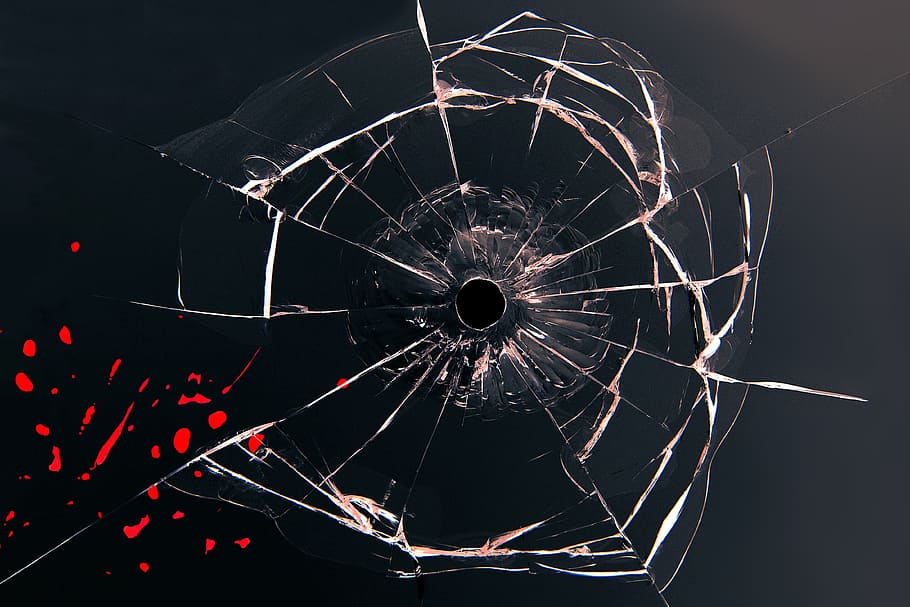 vidrio negro roto, vidrio, bala, sangre, tiro, agujero de bala, lesión, crimen, disco, fragmentado