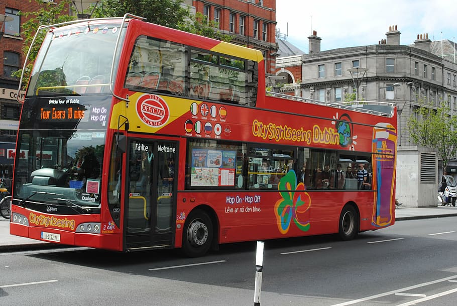 red, yellow, double-decker, bus, road, tourist, visit, hop on-hop off, city, transportation