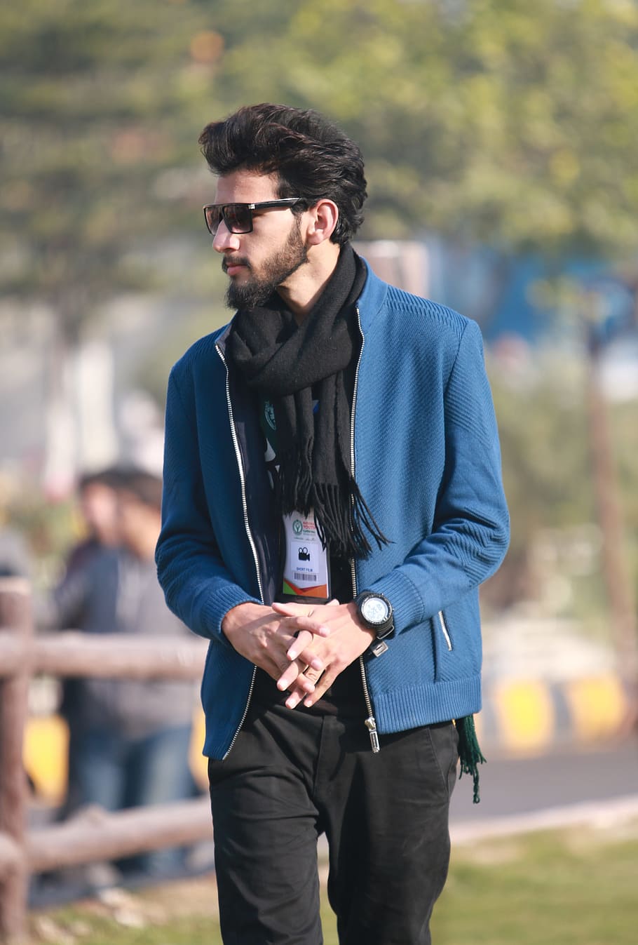 man, wearing, black, scarf, blue, zip-up jacket, outdoors, portrait, adult, nature