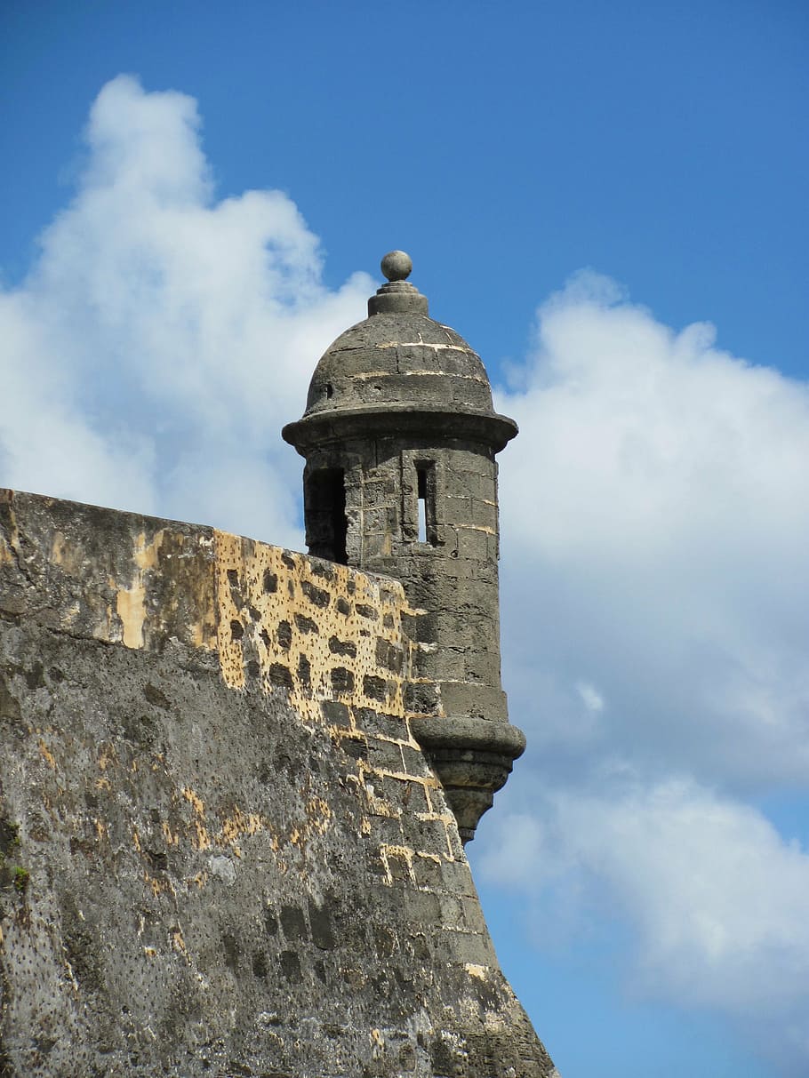 primer plano, foto, torreta del castillo, puerto rico, san juan, fuerte, pared, piedra, arquitectura, torre