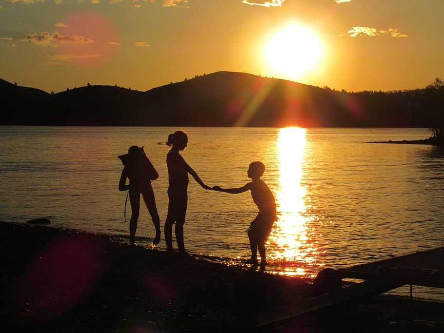 summer fun, lake, cousins, sunset, water, nature, young, child, summertime, sky