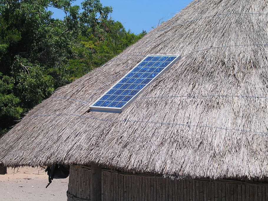 blue, white, solar, panel, roof, straw, hut, alternative, energy, power