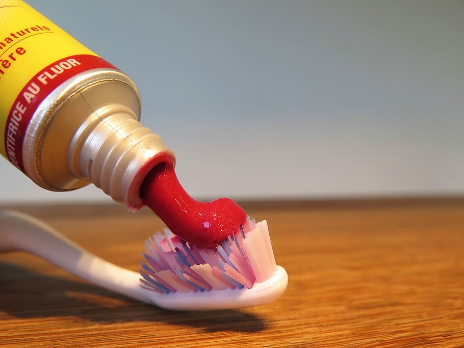 Fluorine, Toothpaste, Clean, red, toothbrush, tube, dental care, hygiene, close-up, water
