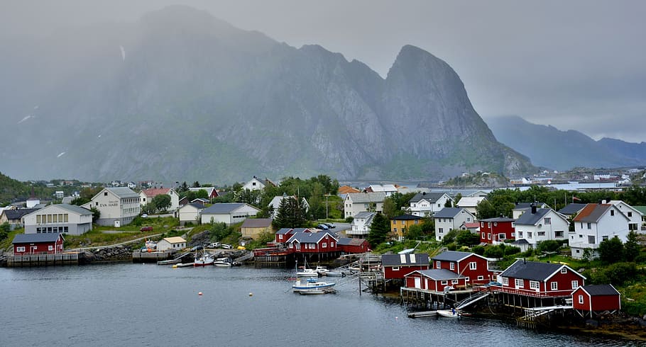 foto, pueblo, al lado del mar, aparte, montaña, lofoten, noruega, islas, pueblo de pescadores, nórdico