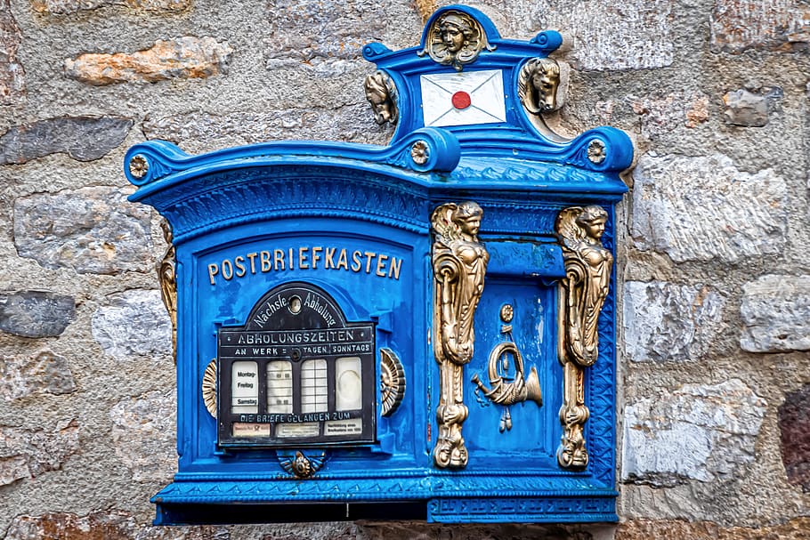 mailbox, historically, blue, decorative, metal, decorated, wall, stone, blacksmithing, craft