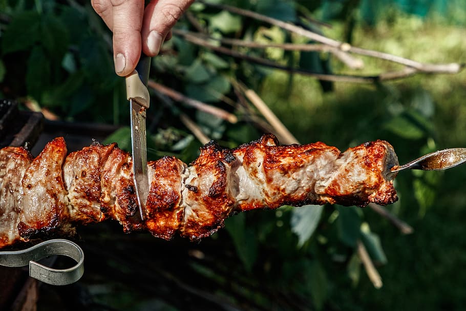 shish kebab, carne, mangal, espetos, nutrição, fritura, carvão, piquenique, grelha, espetos de carne