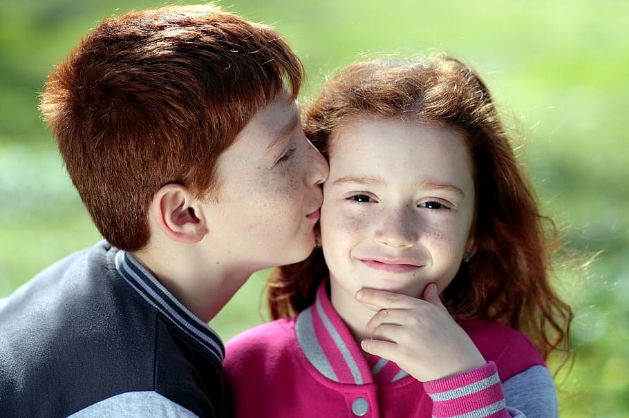 boy, kissing, girl, brother, sister, red hair, freckles, kiss, love, pair