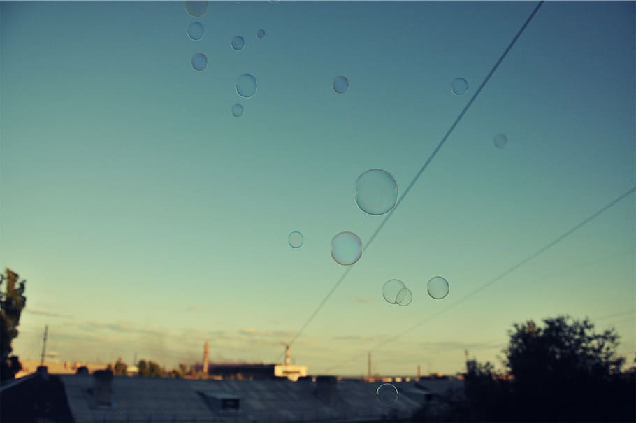 bubbles, blue, sky, electric, wire, house, bubble, fragility, backgrounds, flying