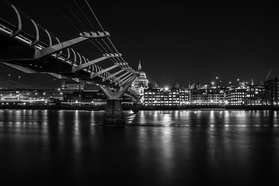 grayscale photo, bridge, cityscape, millennium, london, city, england, british, uk, architecture
