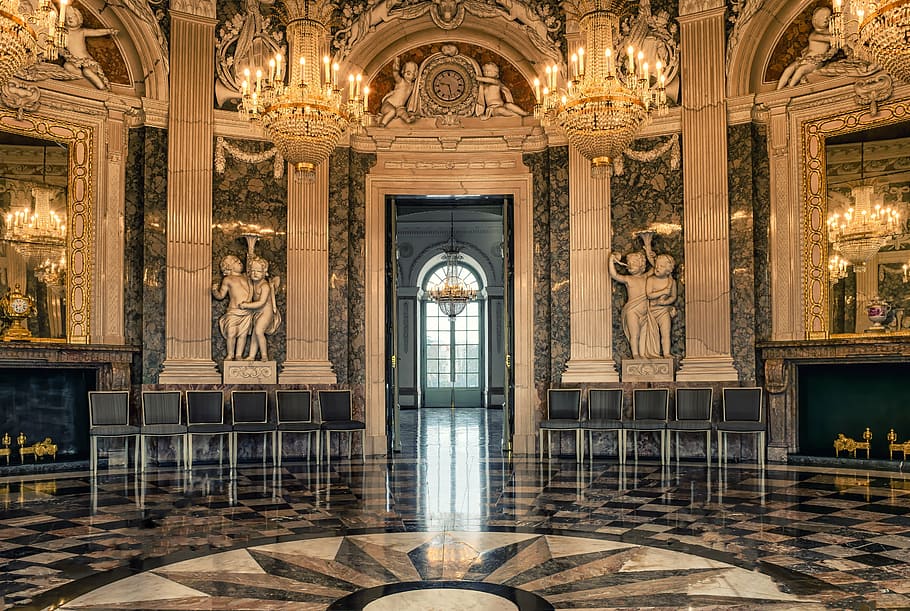 palace interior, hall, castle, ballroom, historically, mirroring, chandelier, noble, splendor, baroque