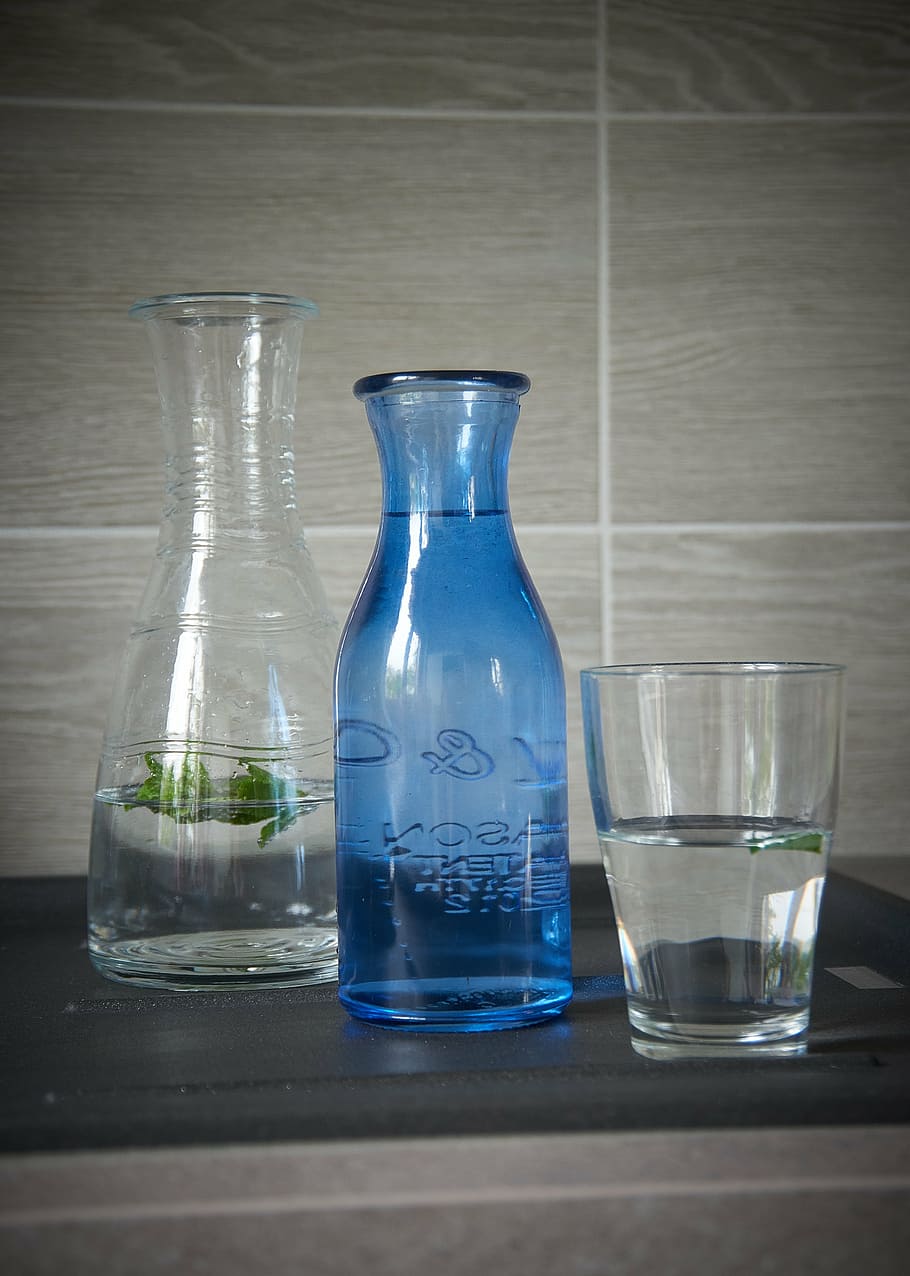 healthy water, living healthy, daily pleasure, table, container, glass, glass - material, drinking glass, bottle, transparent