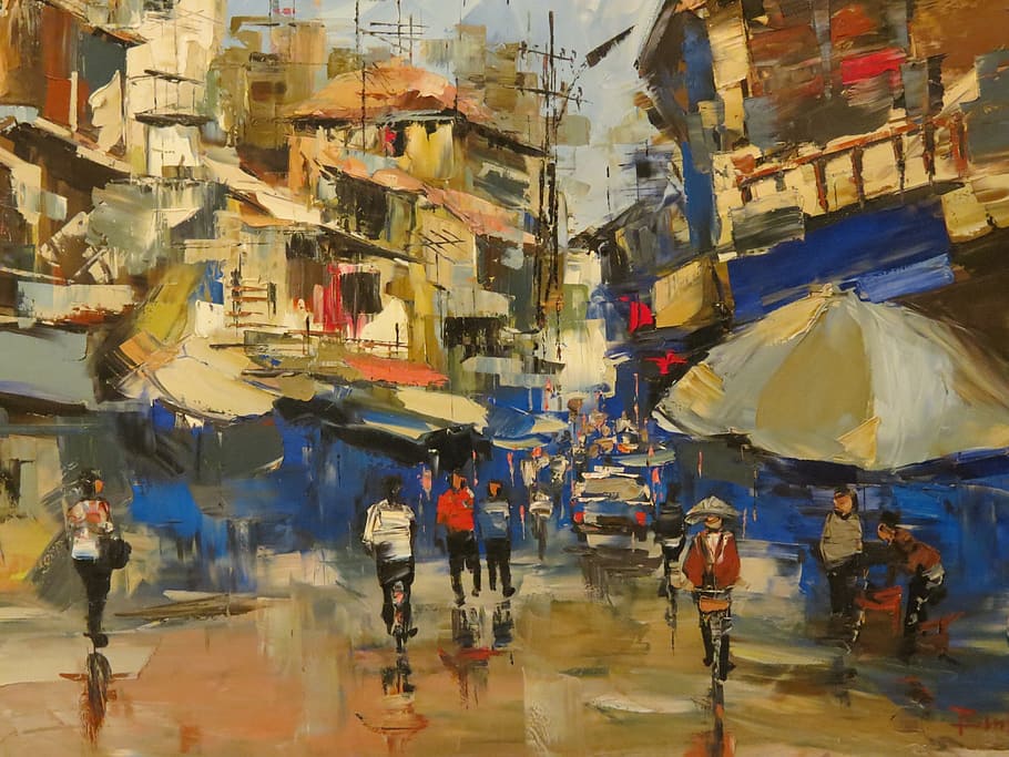 Vietnam, Hanoi, cuadro, pintura, ciudad, pintura al óleo, arte, dibujo, aceite, exterior del edificio