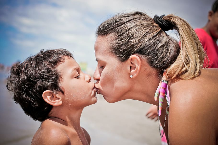 woman, kissing, boy, shallow, focus lens, love, son, mother, mama, happiness