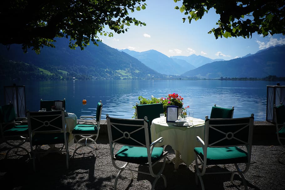 zell am see, lakeside terrace, mountain lake, salzburgerland, water, austria, mountains, landscape, lake, table