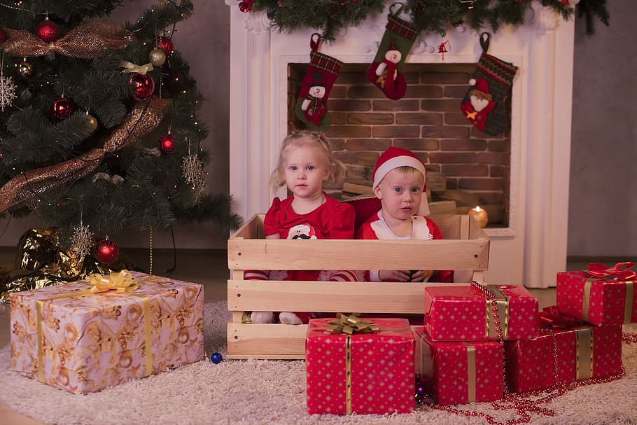 christmas, gifts, kids, box, red, holiday, new year's eve, fireplace, surprise, mood