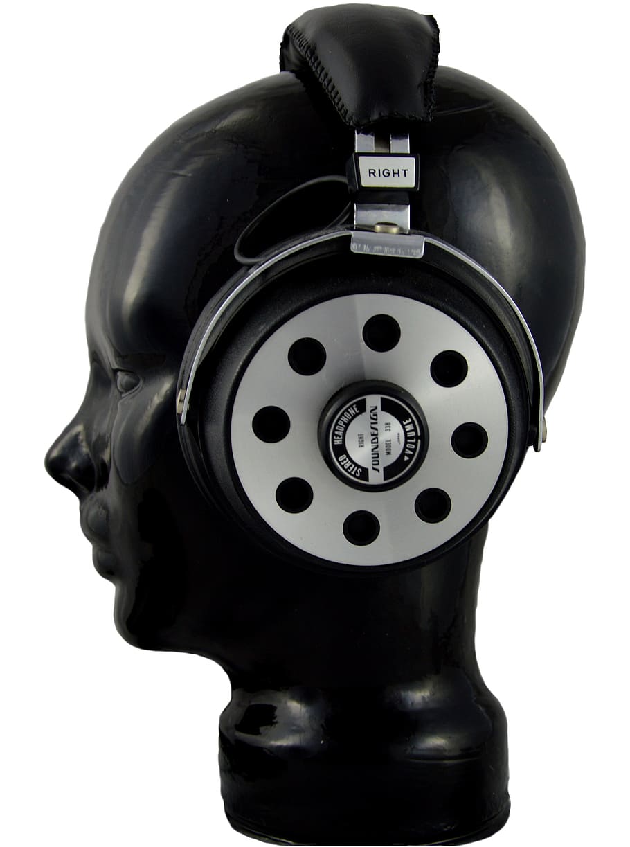 busto maniquí, negro, auriculares plateados, la cabeza de los auriculares, vidrio, cara, altavoz, escuchar, música, relajación
