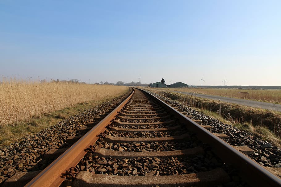 seemed, railway, sky, wide, empty, blue, railway rails, track, train, railway station