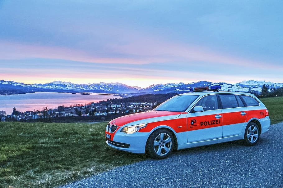 zurich cantonal police, police car, zurich, switzerland, police, sky, mountain, transportation, nature, scenics - nature