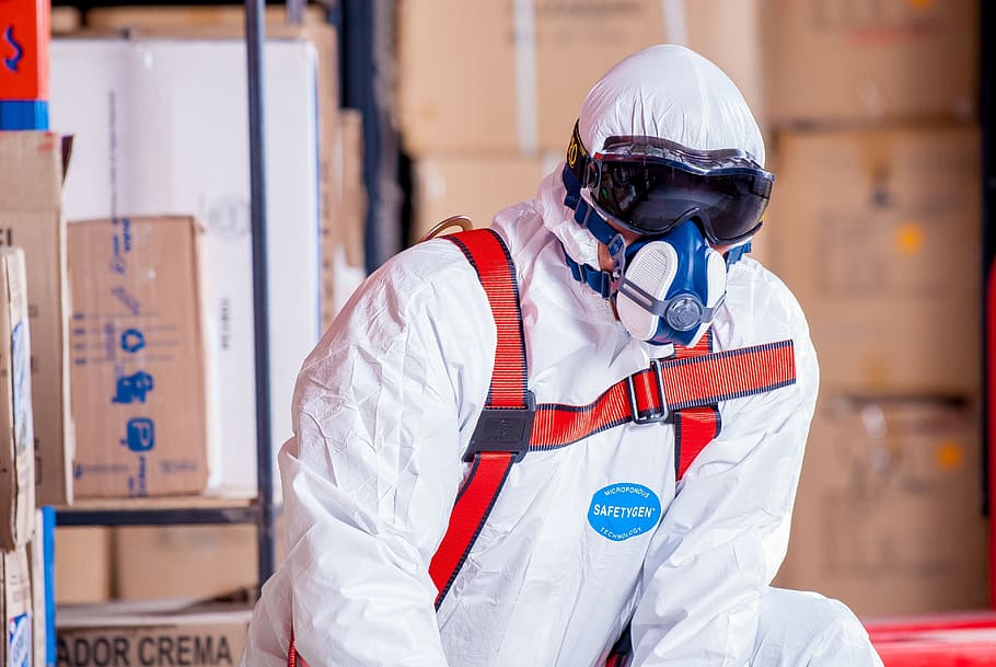 man, white, safety suit, cardboard boxes, man in white, chemist, costume, protection, security, logistic