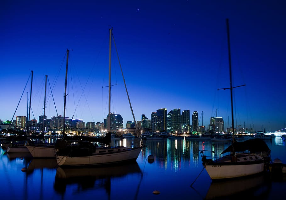 white, motorboat, body, water, San Diego Bay, San Diego, California, san diego, california, nautical vessel, night