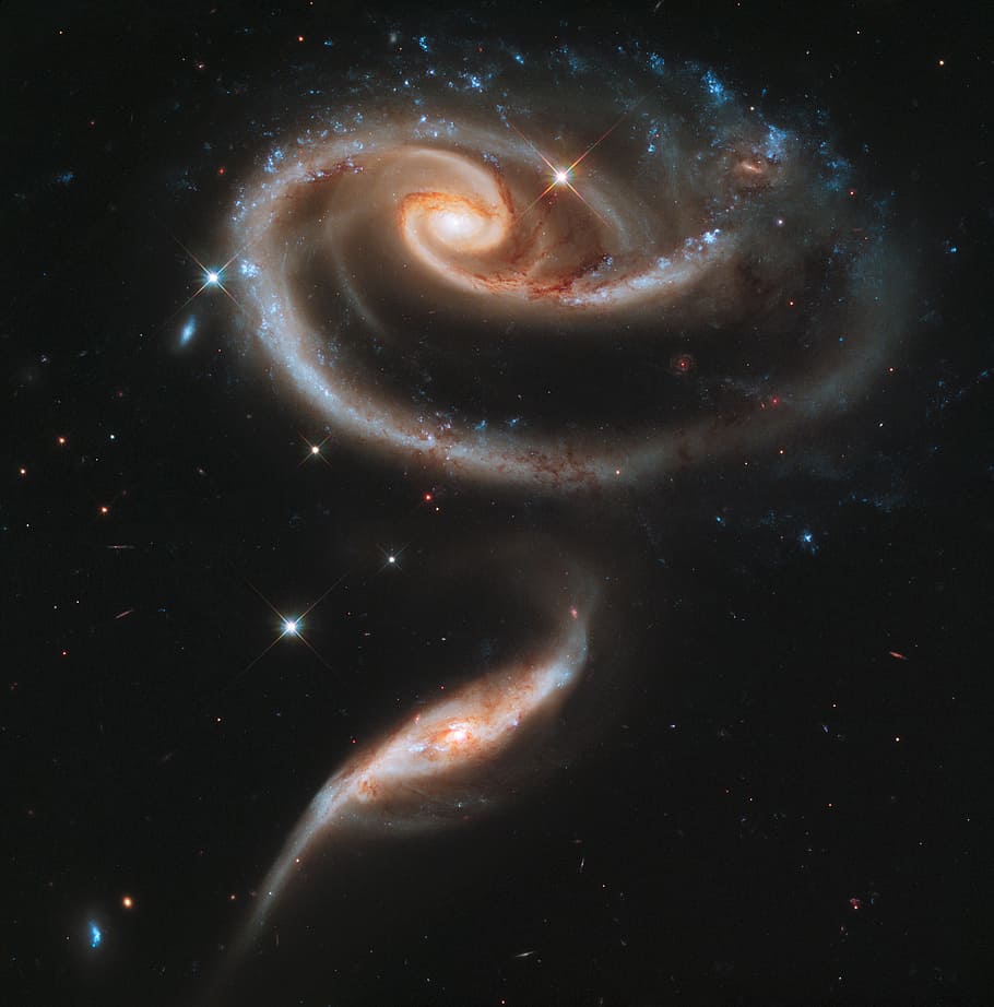 galaxies, interacting, universe, stars, interacting galaxies, arp 273, ugc 1810, ugc 1813, rose shape, hubble space telescope