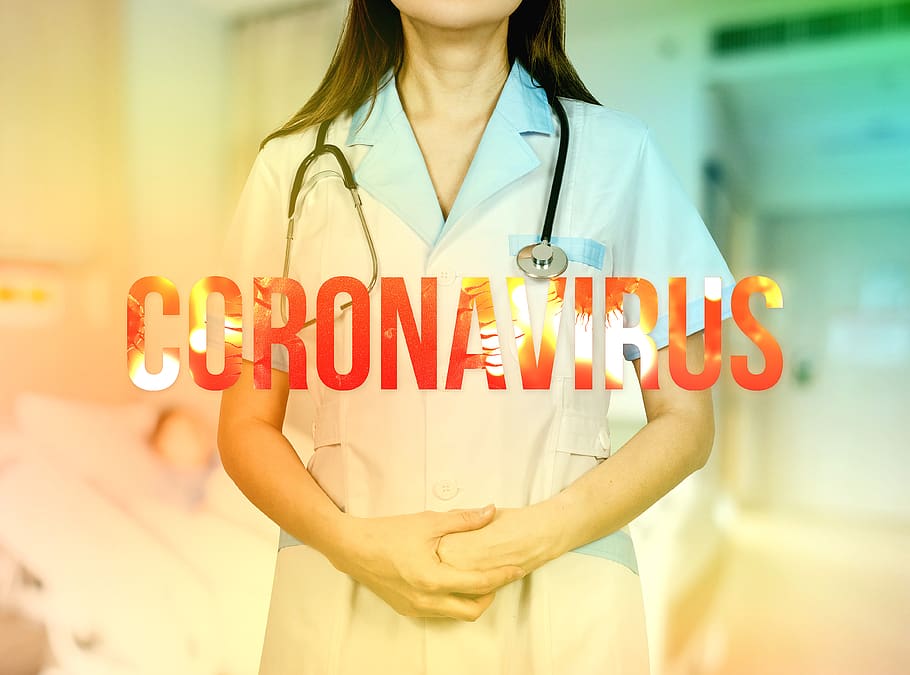 Doctor, woman, white, coat, stethoscope., Coronavirus, blood, blue, care, clinic
